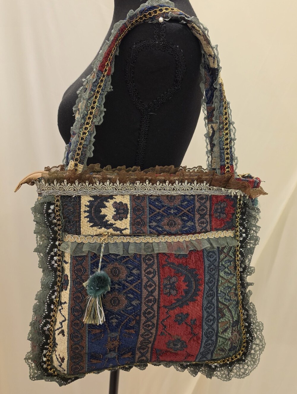 Boho Tapestry Patchwork Tote Bag Lace Ribbon Ruffle Cottagecore Hippie Shoulder